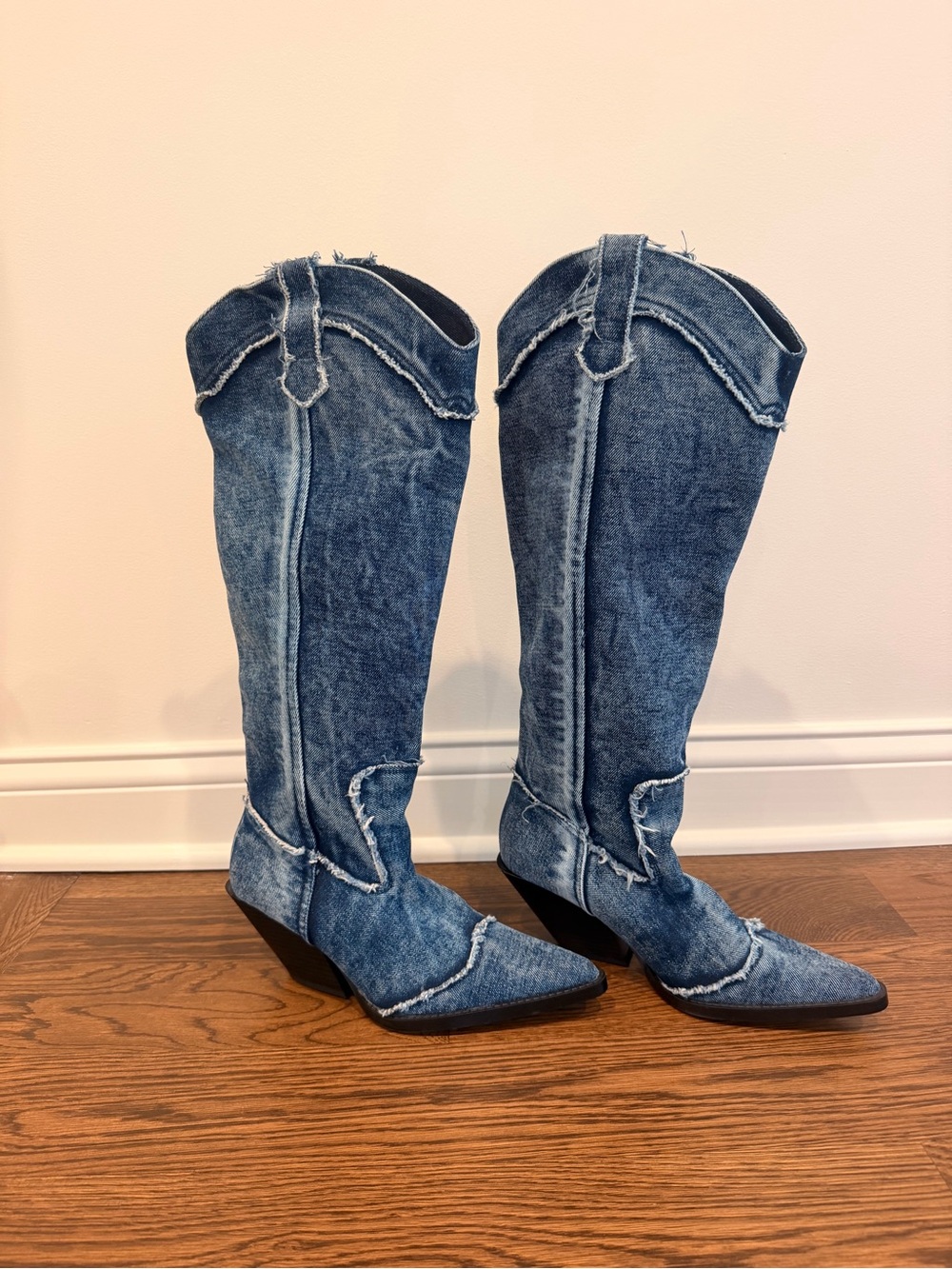 Zara Denim Knee-High Western Jeans Boots - Blue